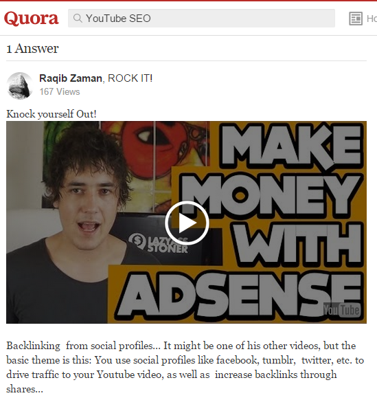 YouTube SEO Quora Example